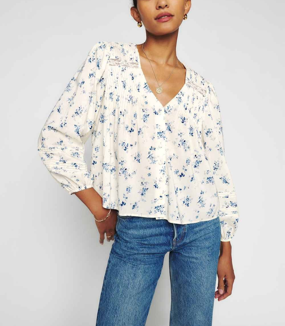 Reformation Livvy Adriana Top Cream Blue Floral Cottagecore - Size L
